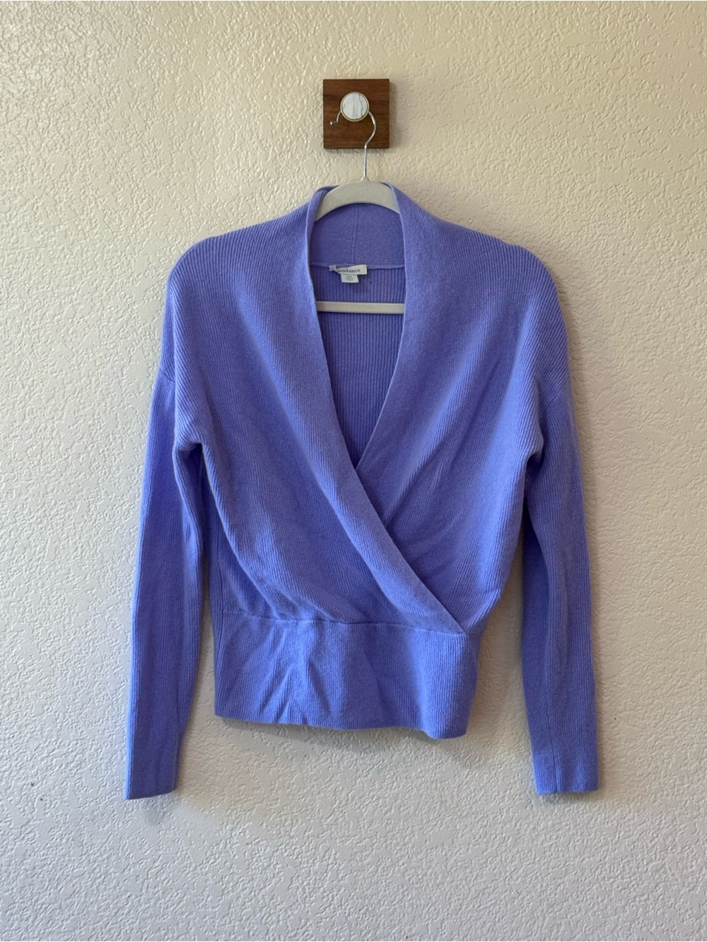 Sundance Periwinkle Surplice Faux Wrap 100% Cashmere Sweater Size XS *FLAWED*